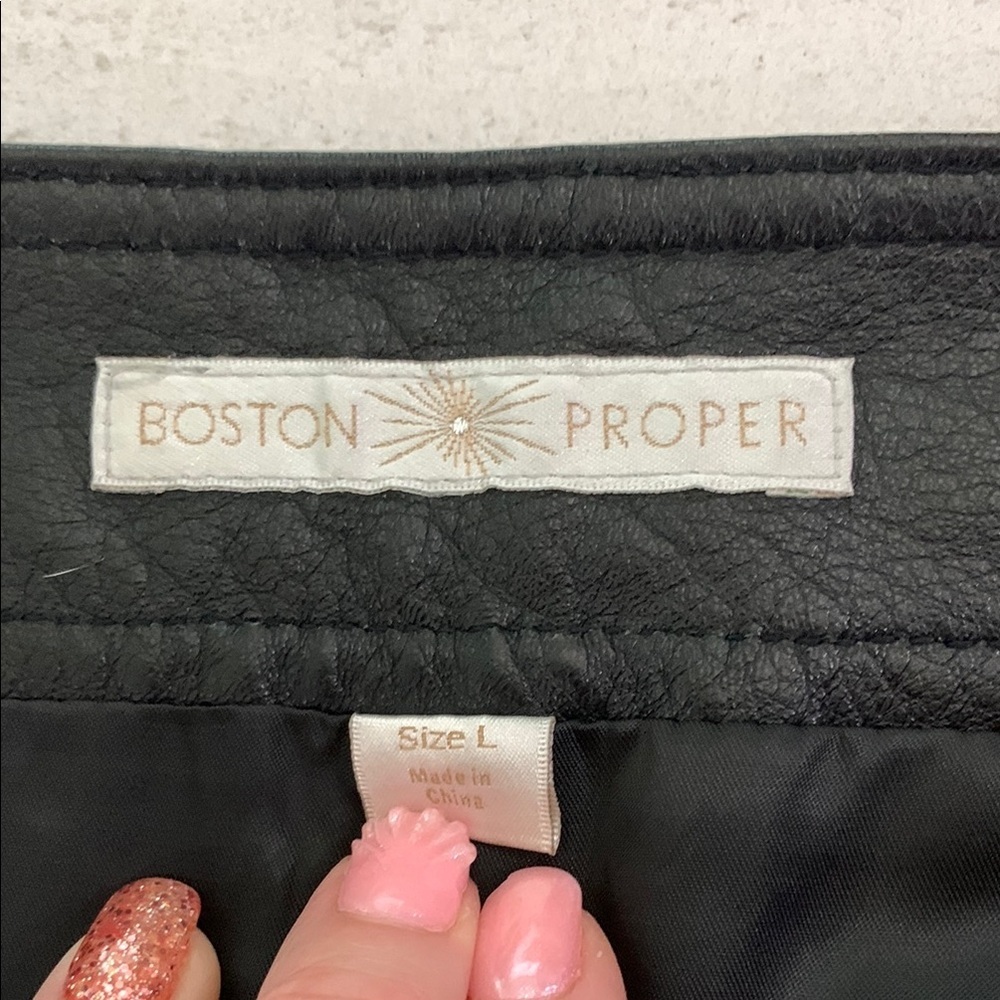 Boston Proper Black Leather Mini Skirt A Line Snap Front Size L - Picture 4 of 8